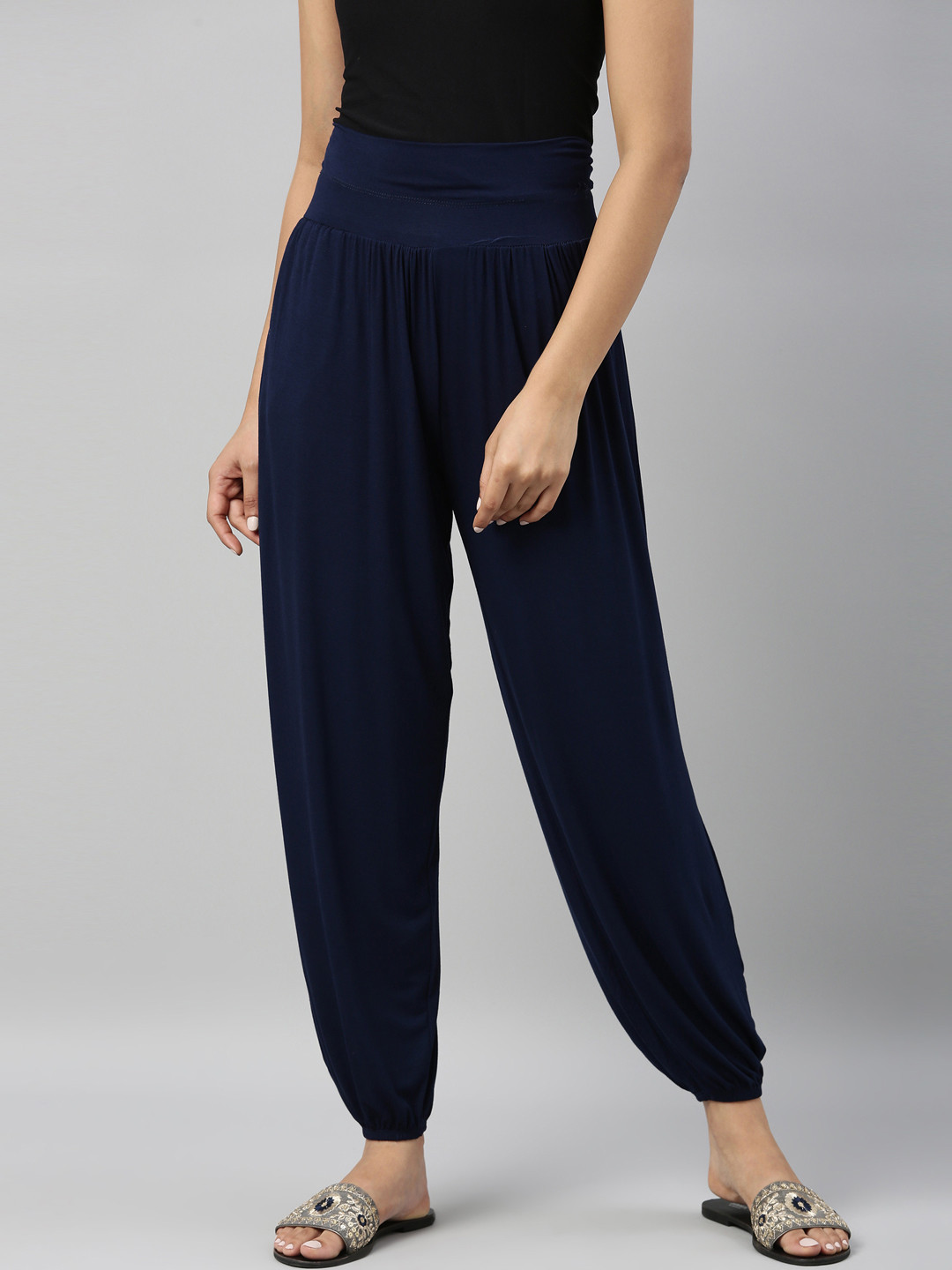 Go Colors Women Navy Blue Solid Loose-Fit Harem Pants