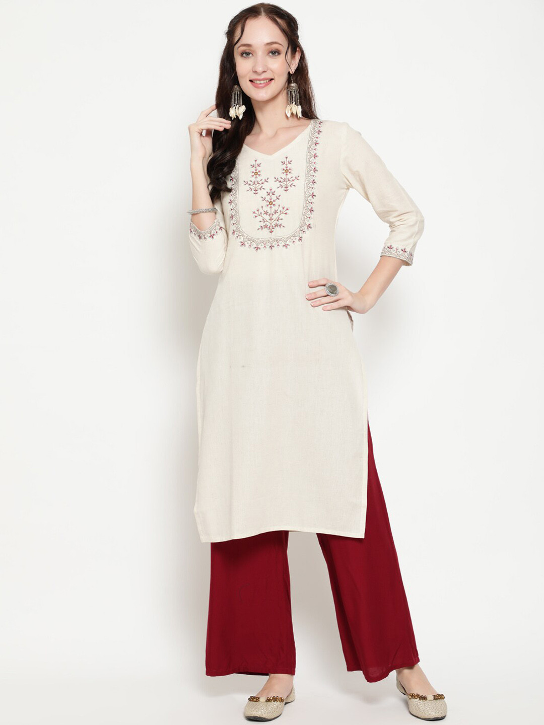antaran Women Off White & Red Ethnic Motifs Yoke Design Mirror Work Cotton Kurta