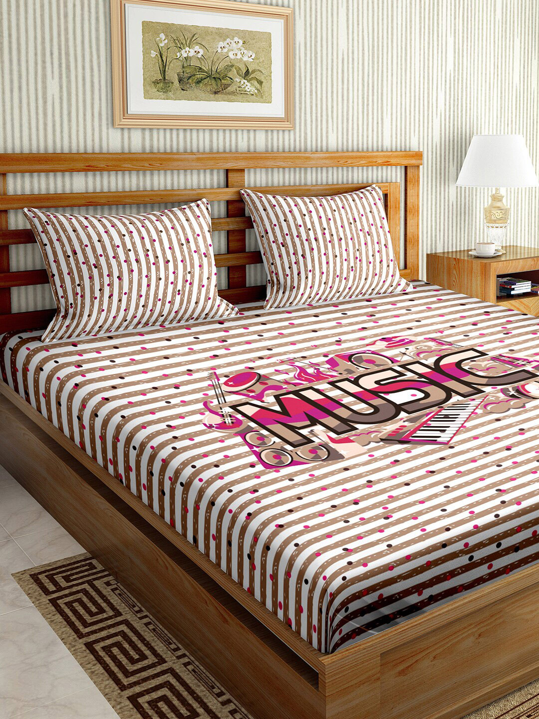 BELLA CASA Mysterious Brown Typography Cotton 150 TC King Bedsheet with 2 Pillow Covers-100 x 88 inches