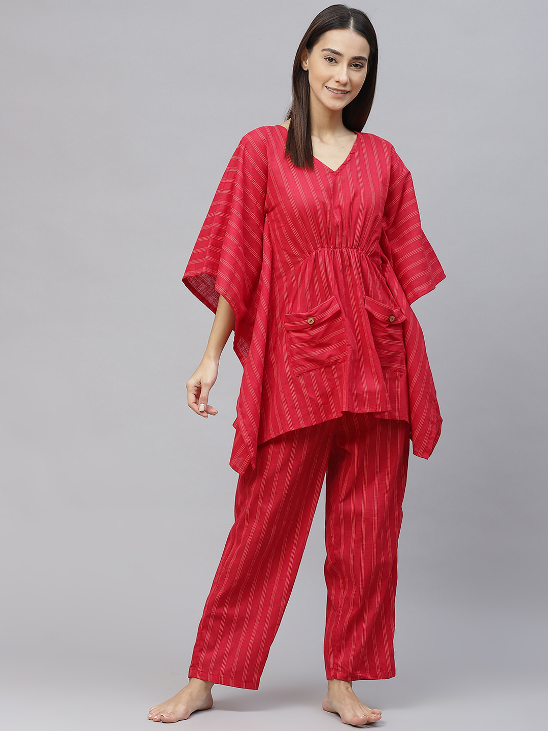 Laado - Pamper Yourself Women Red & Orange Striped Cotton Kaftan Pyjama Set