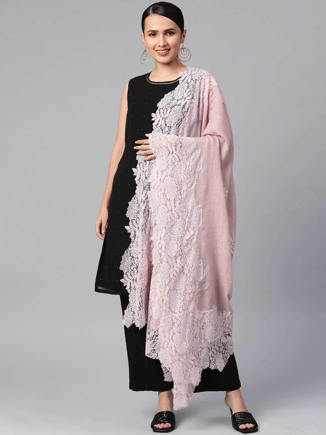 MODARTA Handwoven Woolen Pastel Pink Shawl with valentino lace