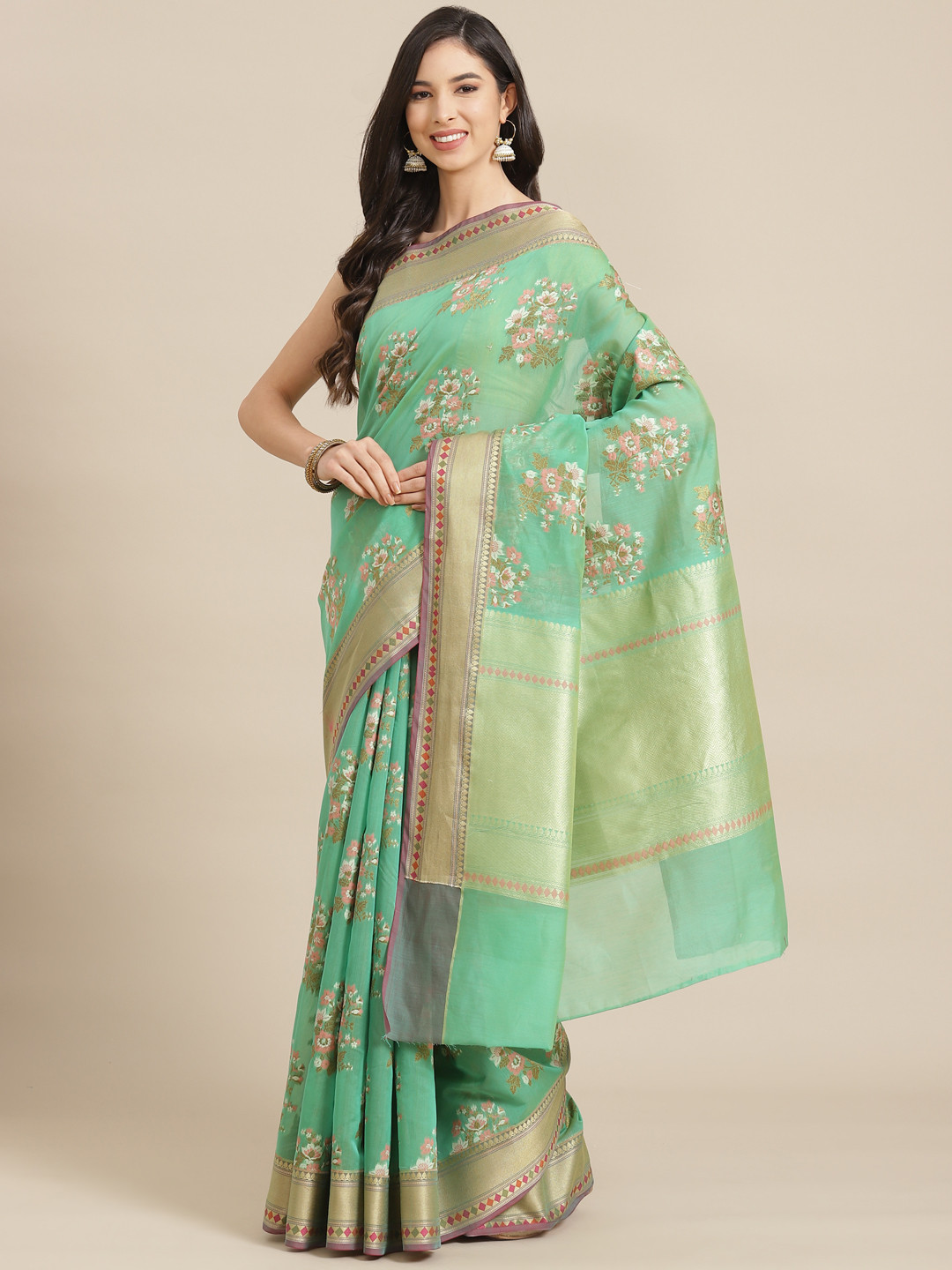 Banarasi Style Green & Pink Woven Design Silk Cotton Saree