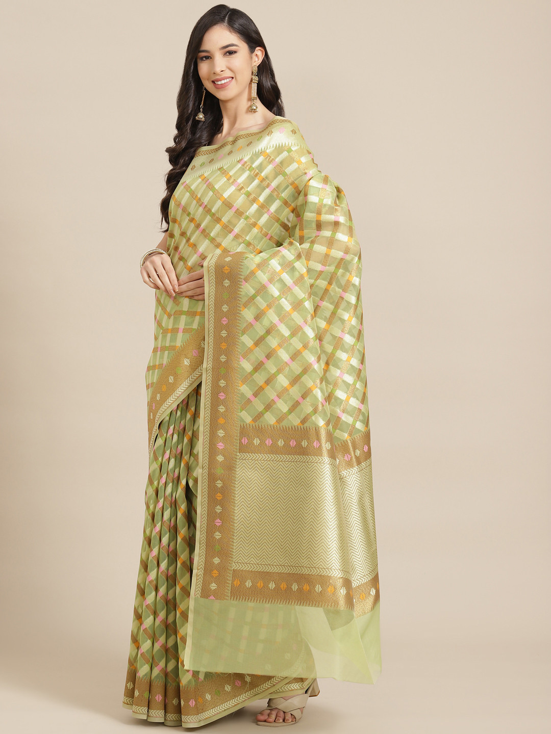 Banarasi Style Green & Beige Geometric Woven Design Organza Silk Banarasi Saree