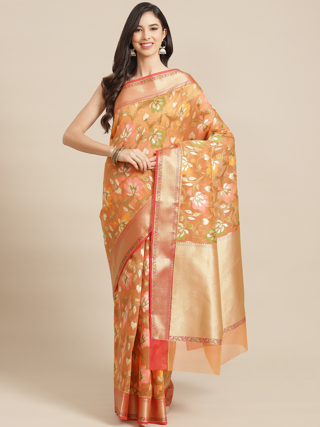 Banarasi Style Peach-Coloured & White Woven Design Organza Banarasi Saree