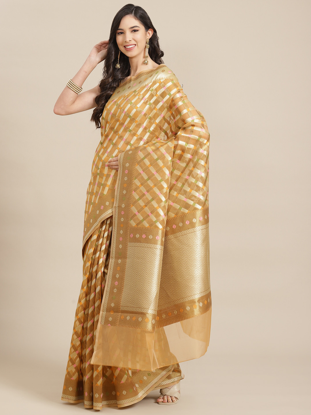 Banarasi Style Beige & White Woven Design Organza Banarasi Saree