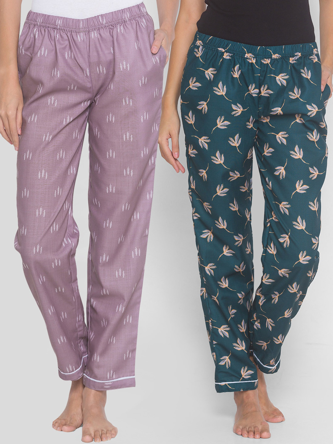 FashionRack Women Pack of 2 Purple & Green Printed Lounge Pants