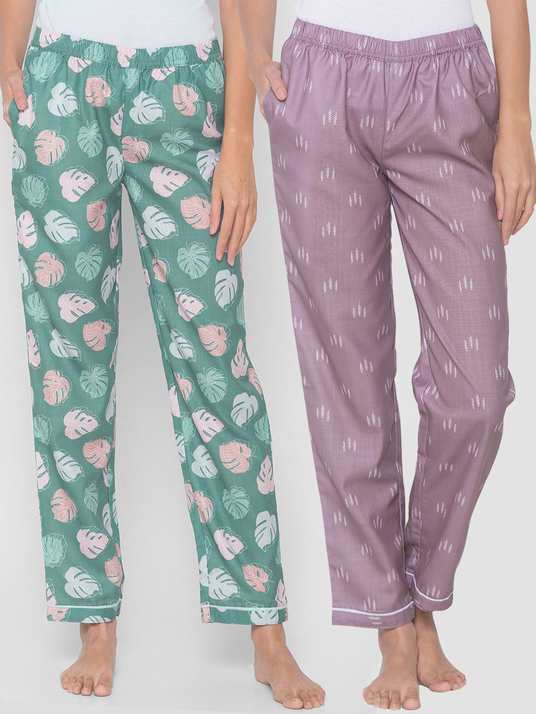 FashionRack Women Pack of 2 Purple & Green Printed Lounge Pants