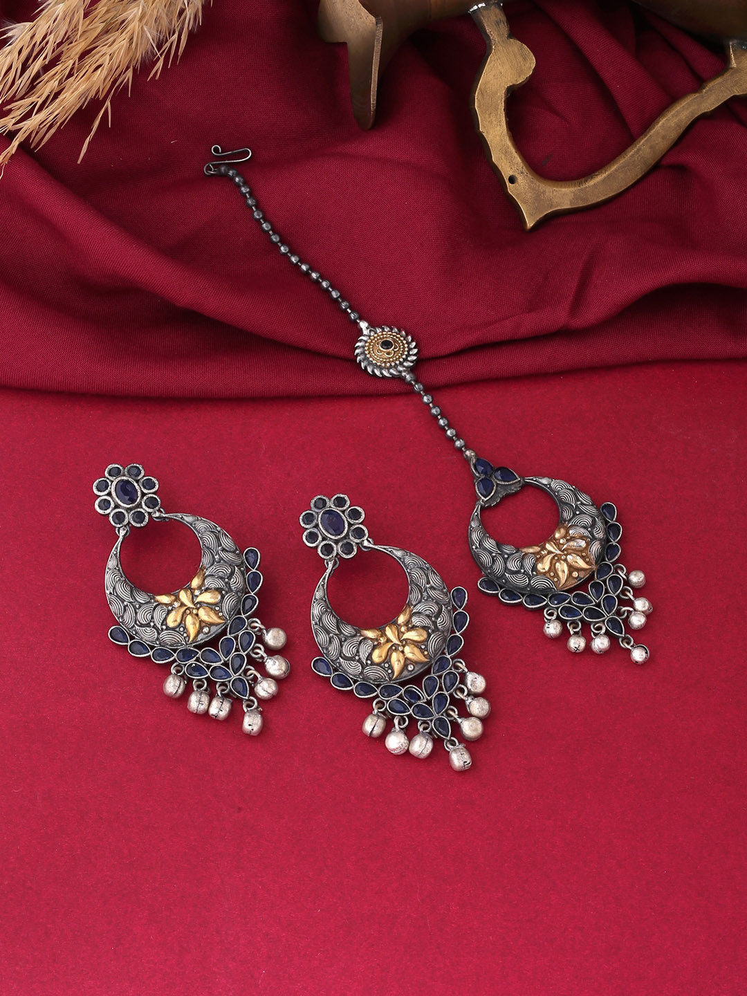 VIRAASI Oxidised Gold-Toned & Grey Maangtika With Earrings