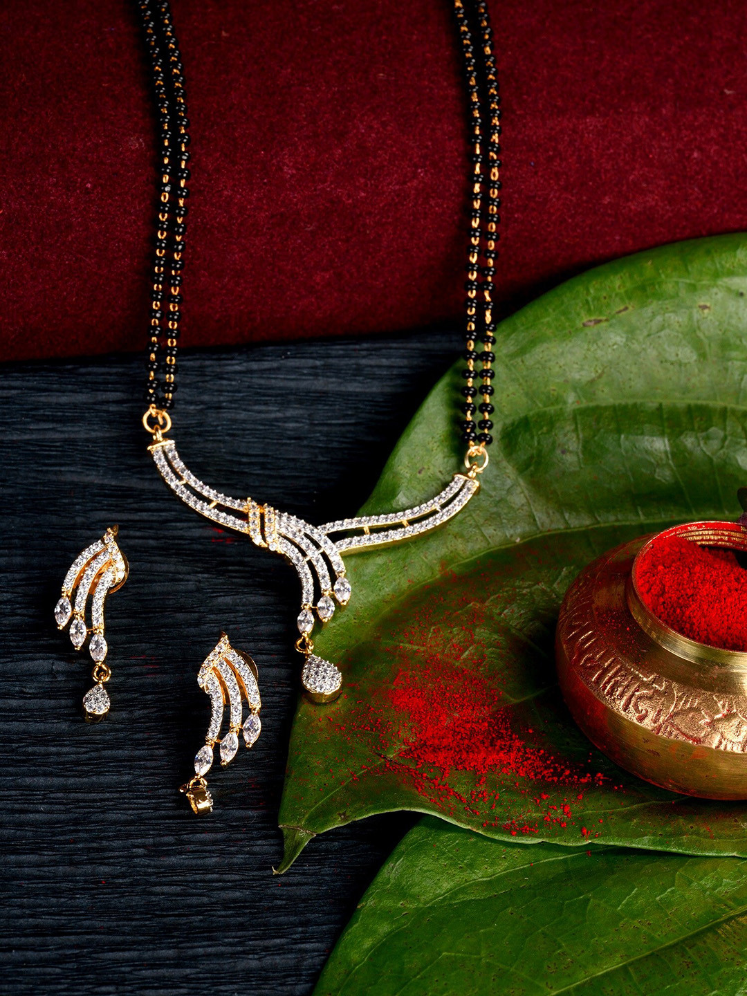 Gold Dual Toned Traditional White AD Studded Contemporary Mangalsutra Set