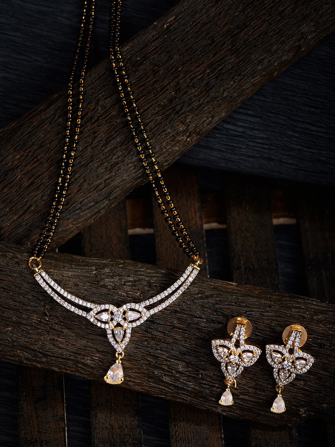 Gold Plated Traditional Black & White AD -Studded & Beaded Mangalsutra With Earrings