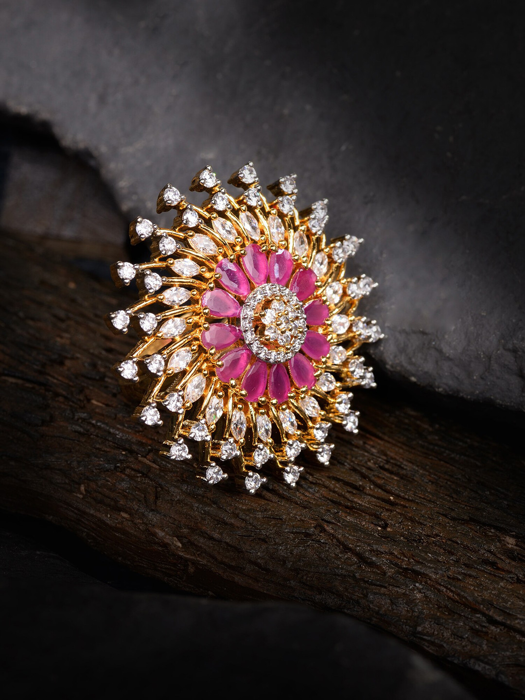 Gold Plated White & Magenta AD Studded Solar Cocktail Adjustable Finger Ring