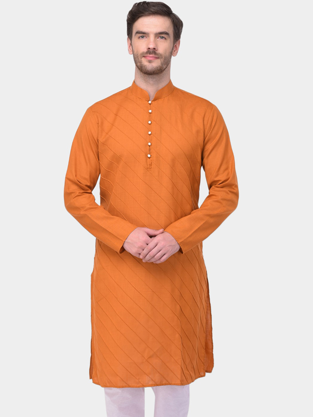 SG LEMAN Men Rust Thread Work Solid Kurta