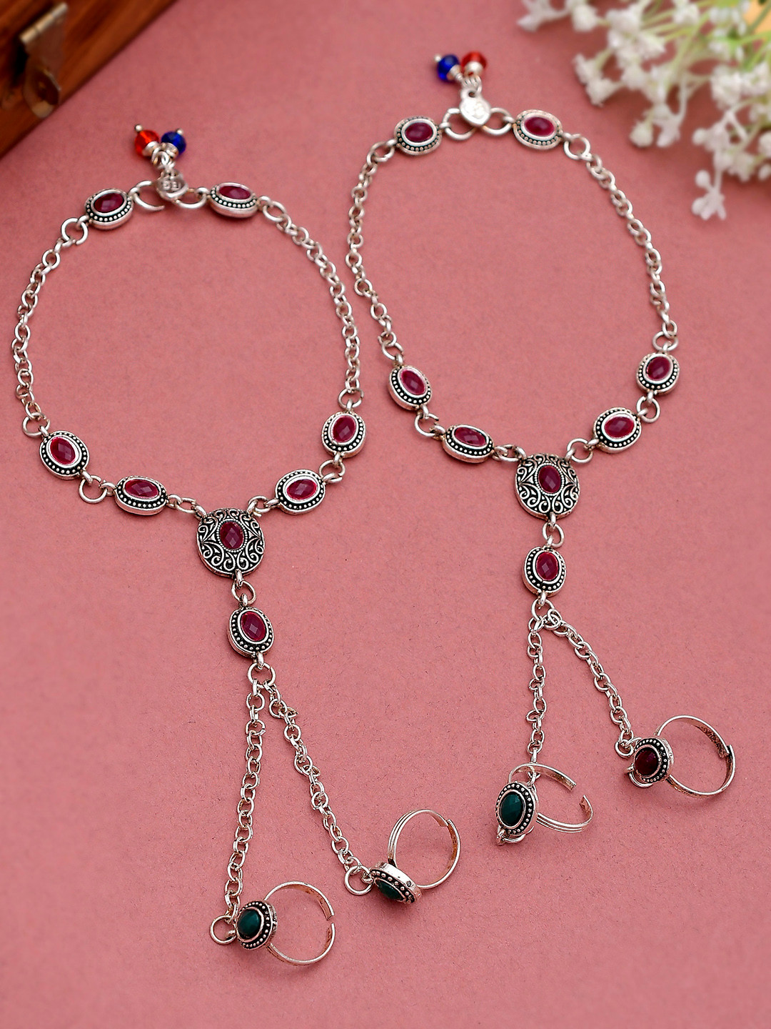 Silvermerc Designs Set Of 2 Silver-Plated Red & Green Stone-Studded Traditional Anklets