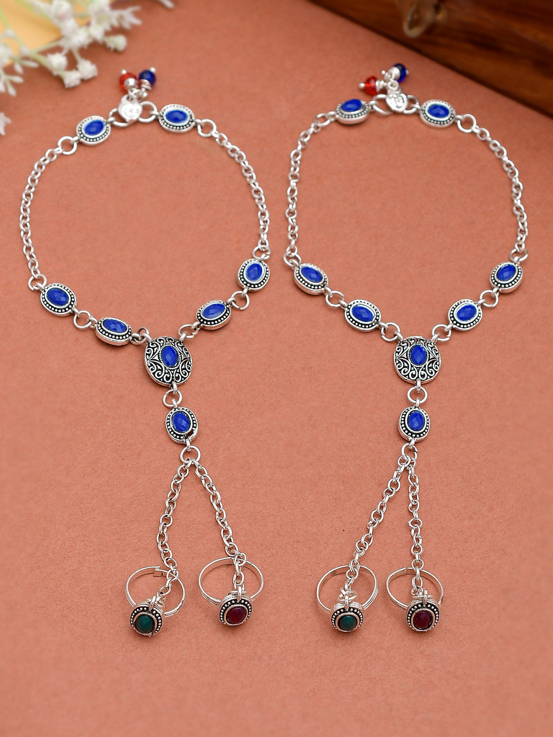 Silvermerc Designs Silver Oxidised Anklet with Chained Double Toe Ring