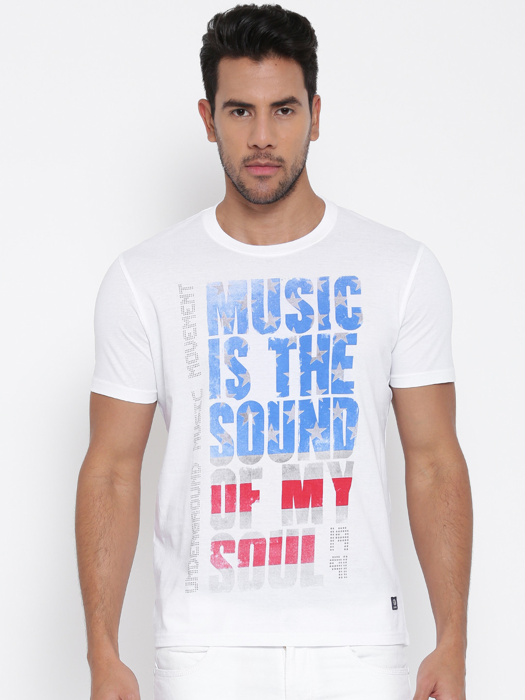 UMM Men White \u0026 Blue Printed Round Neck 