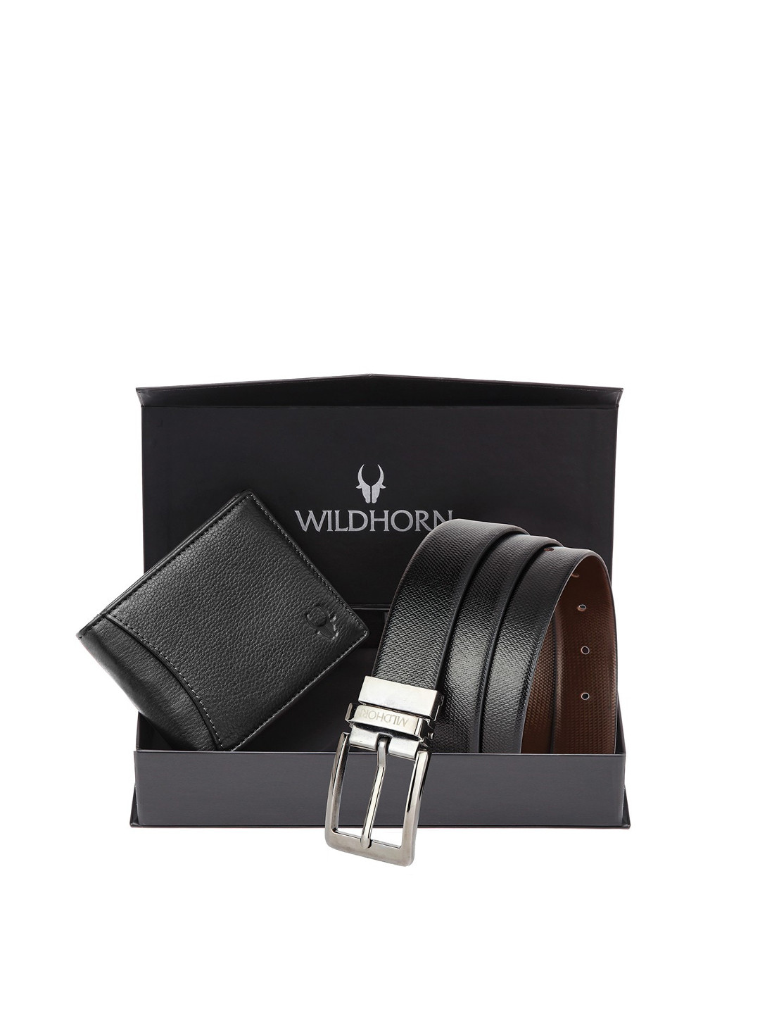 WildHorn Men Black Textured Pure Genuine Leather Accessory Gift Set