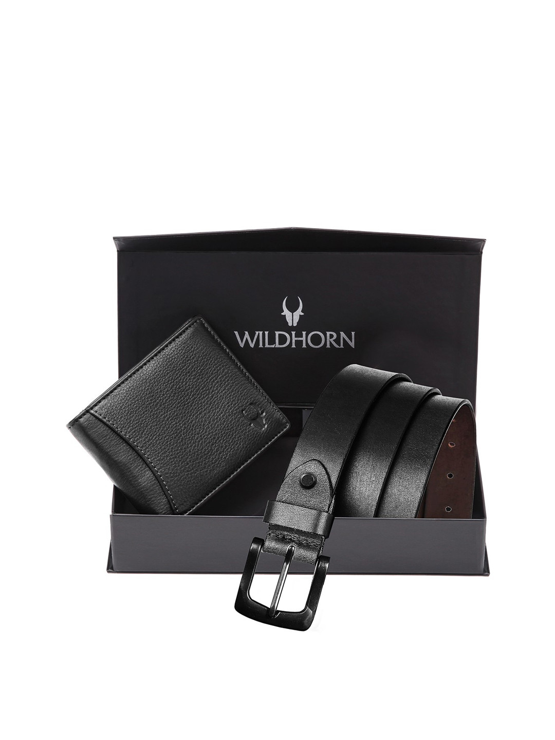 WildHorn Men Black Textured Pure Genuine Leather Accessory Gift Set