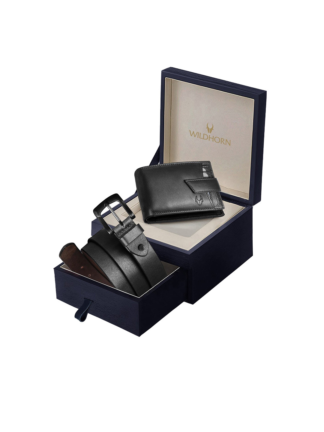 WildHorn Men Black Textured Pure Genuine Leather Accessory Gift Set