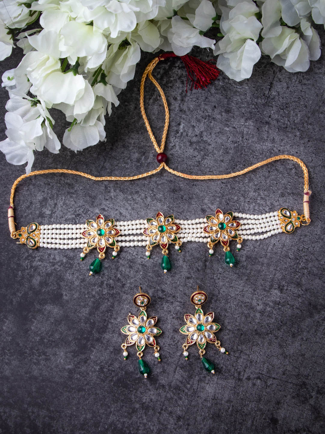 MORKANTH JEWELLERY Gold-Plated White & Green Stone Studded & Beaded Jewellery Set