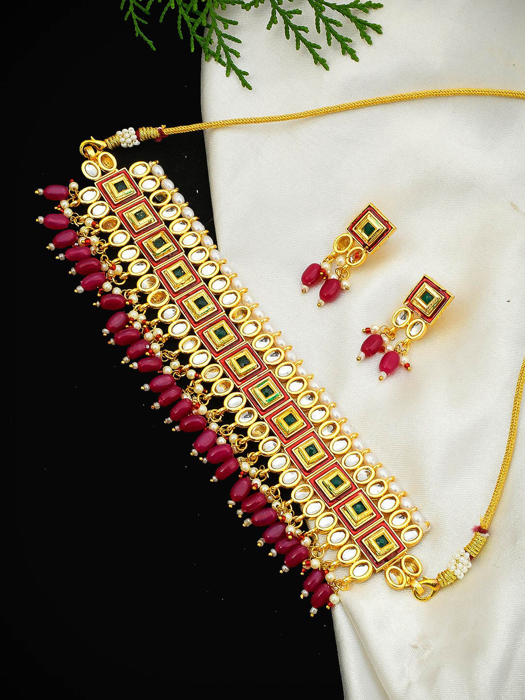 Silvermerc Designs Gold And Red Gold-Plated Kundan Jewellery Set