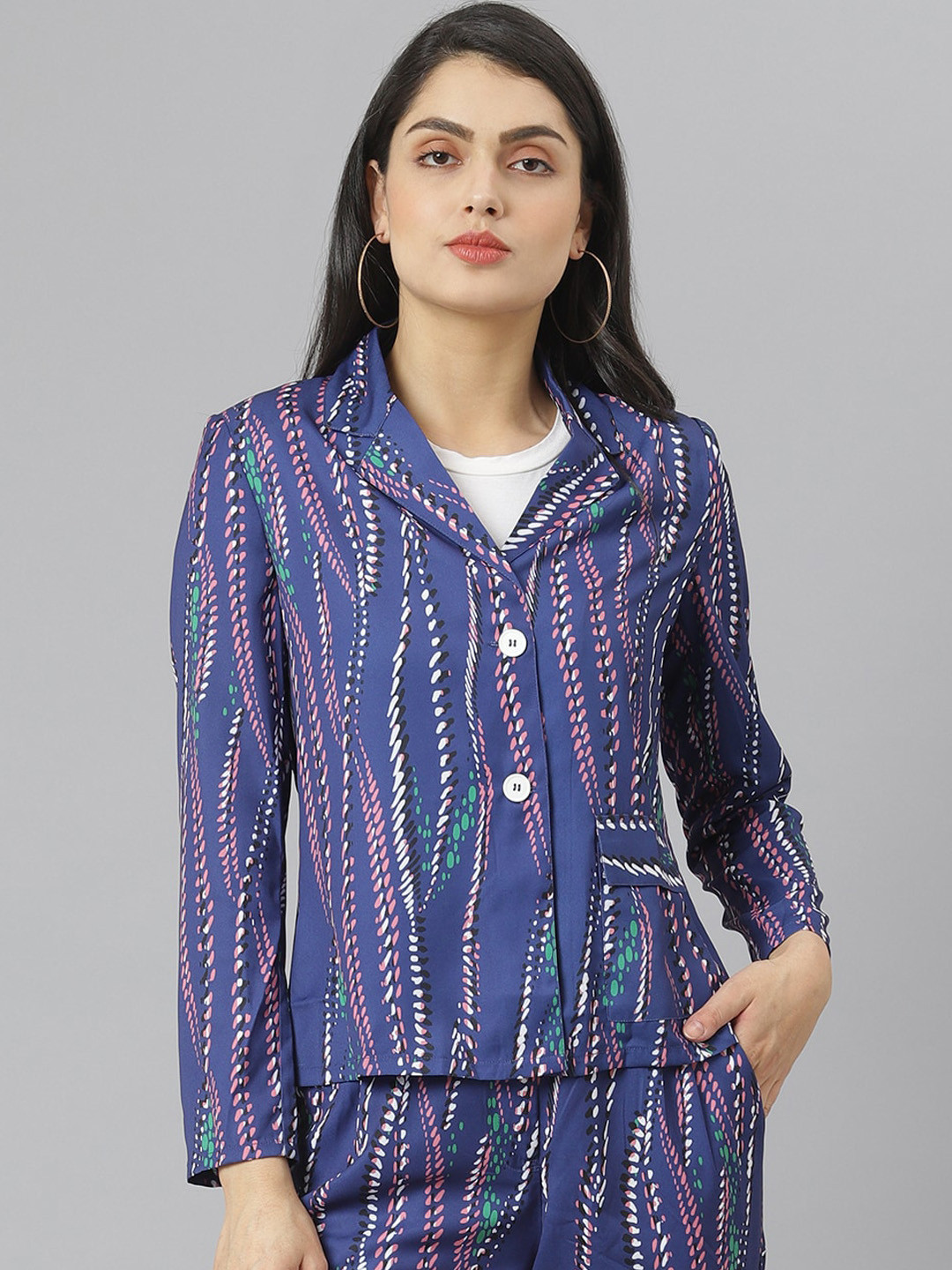 am ma Women Blue Printed Tailored Jacket