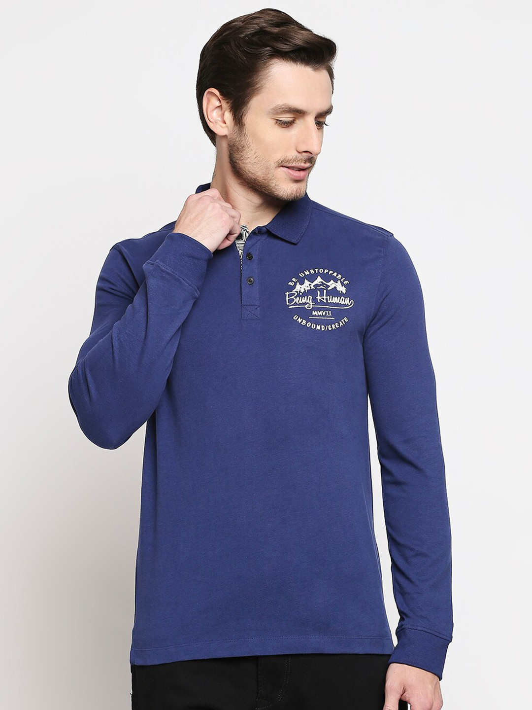 Being Human Men Navy Blue Polo Collar T-shirt