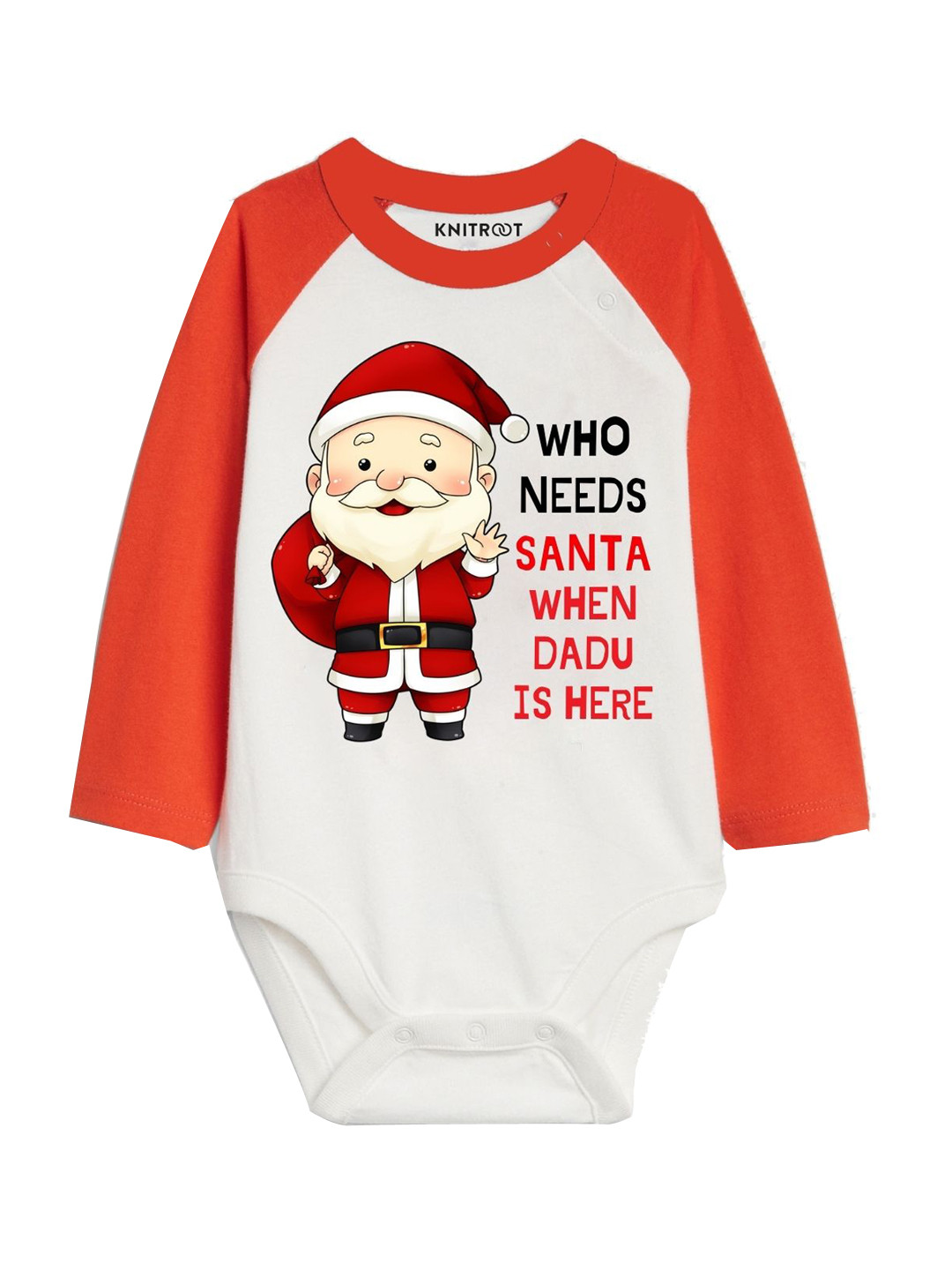 KNITROOT Unisex Kids White Santa Dadu Full Sleeve Raglan Bodysuit