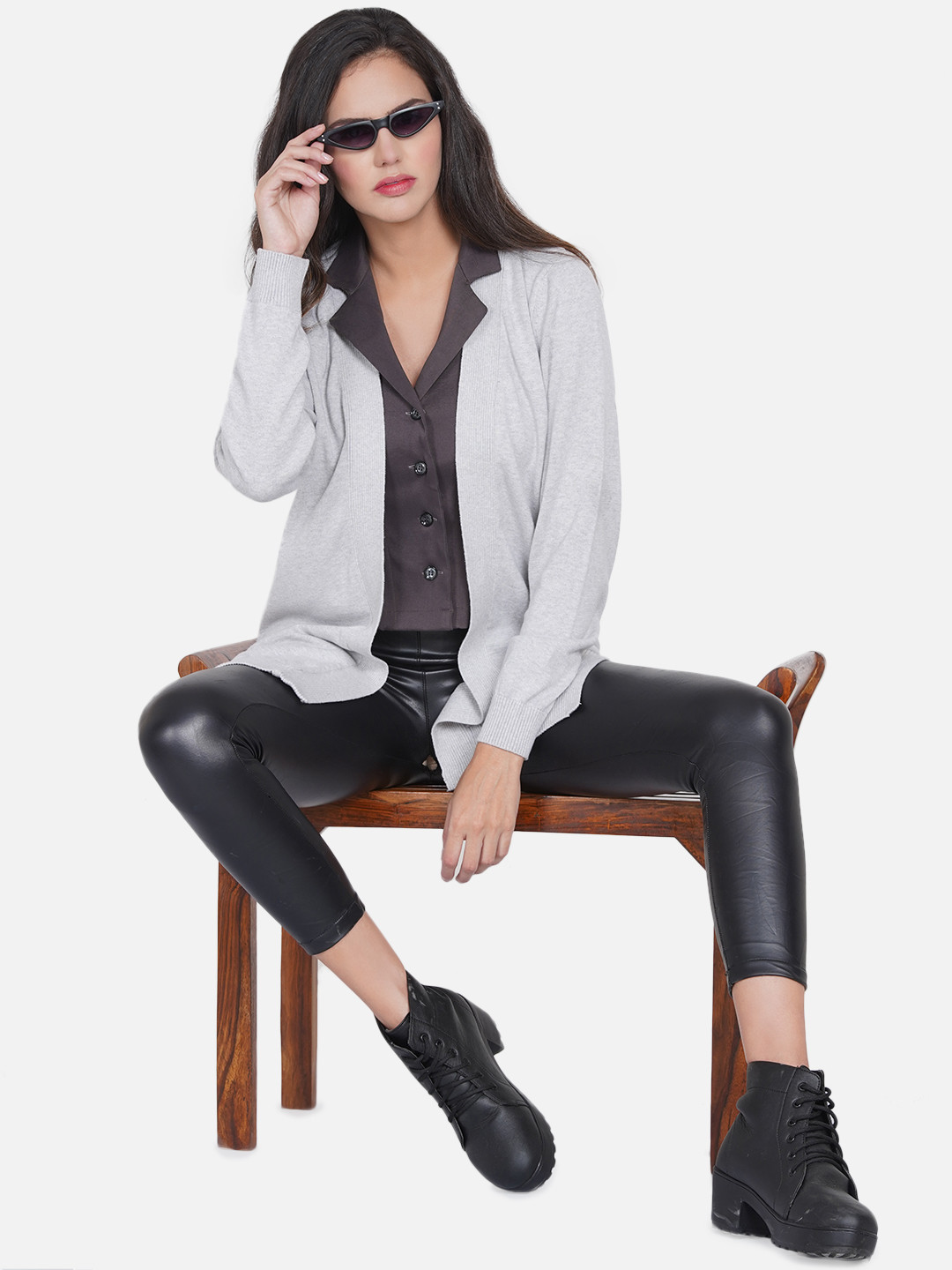 ARMISTO Women Grey Longline Knitted Winter Shrug