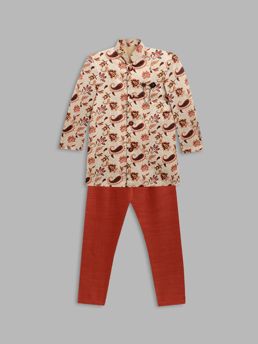 Blue Giraffe Boys Beige & Red Sherwani Set