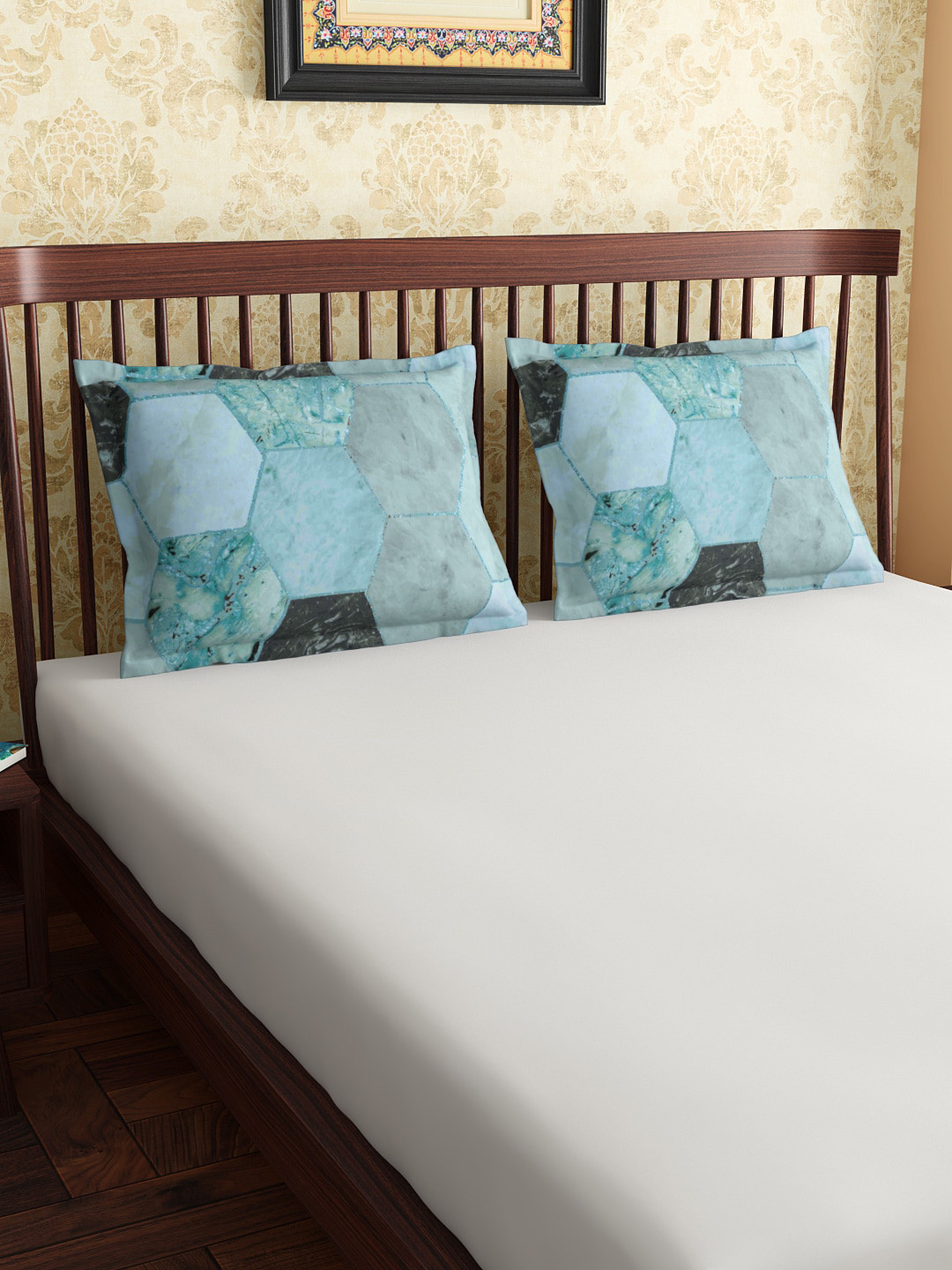 PETAL HOME Set Of 2 Teal Hexagon Printed Pure Combed Premium Cotton Pillow Covers
