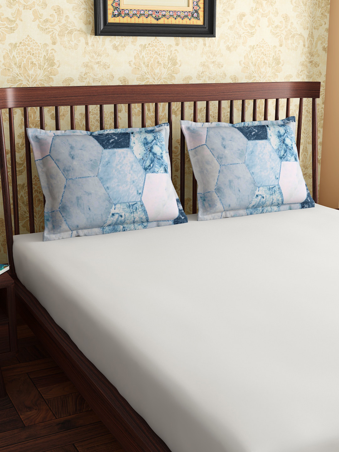 PETAL HOME Set Of 2 Hexagon Blue Pure Cotton Pillow Covers