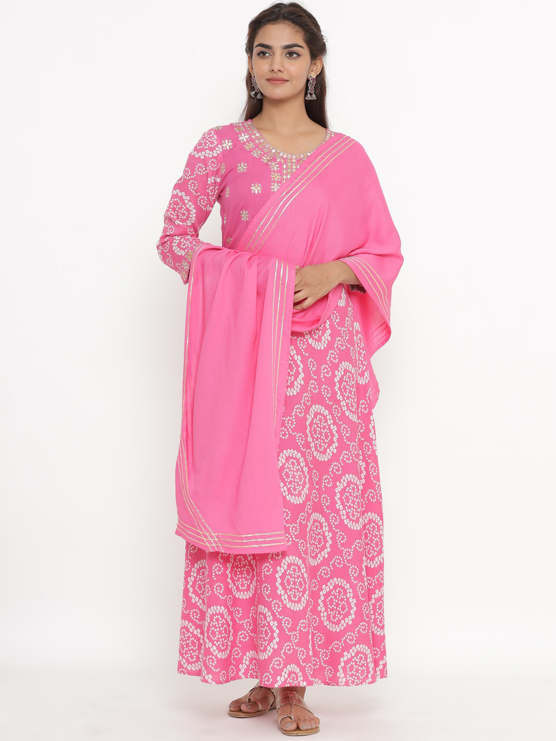 Fabriko Women Pink & White Ethnic Motifs Printed Gotta Patti Anarkali Kurta with Dupatta