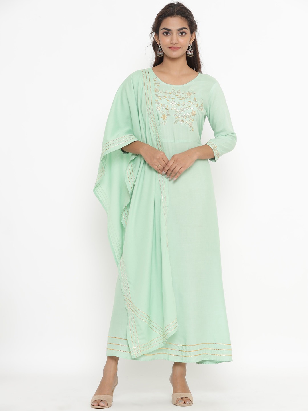 Fabriko Women Green Ethnic Motifs Yoke Design Gotta Patti Kurta with Dupatta