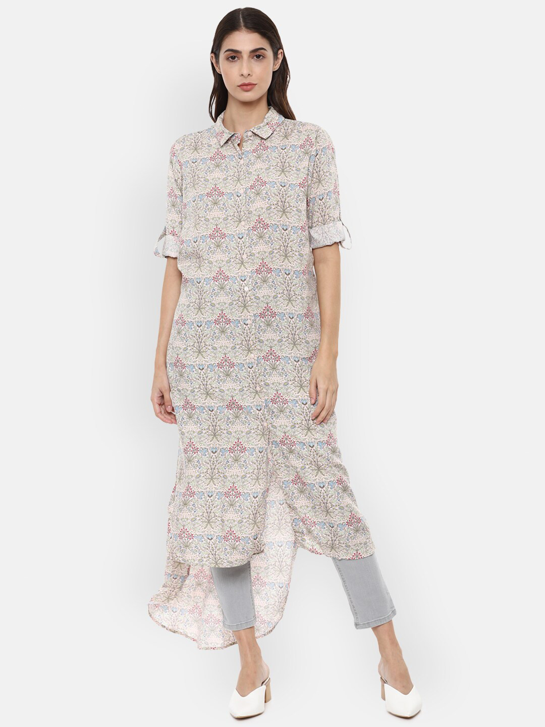Van Heusen Woman Beige & Green Modal Shirt Collar Printed Tunic