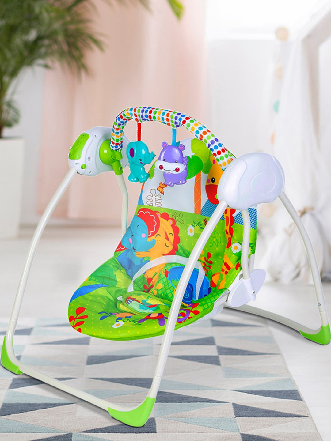 Baby Moo Infants Green & White Bright Stars Foldable Musical Comfortable Swing