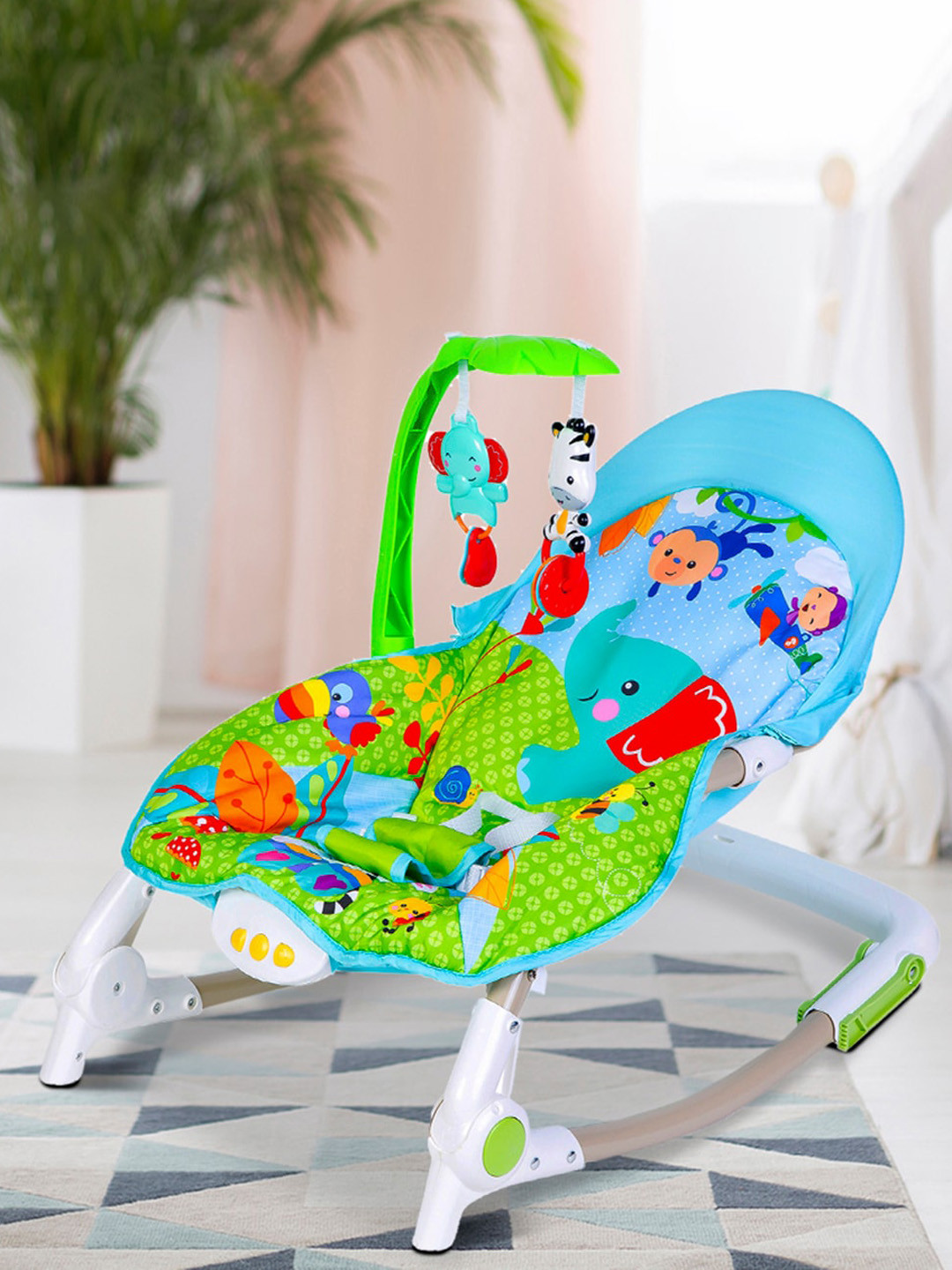 Baby Moo Infant Kids Blue & Green Portable Bouncer With Hanging Toys