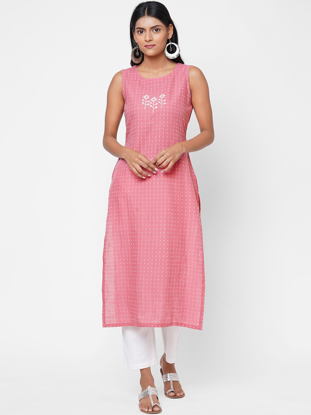 KAMI KUBI Women Pink & White Floral Thread Work Kurta