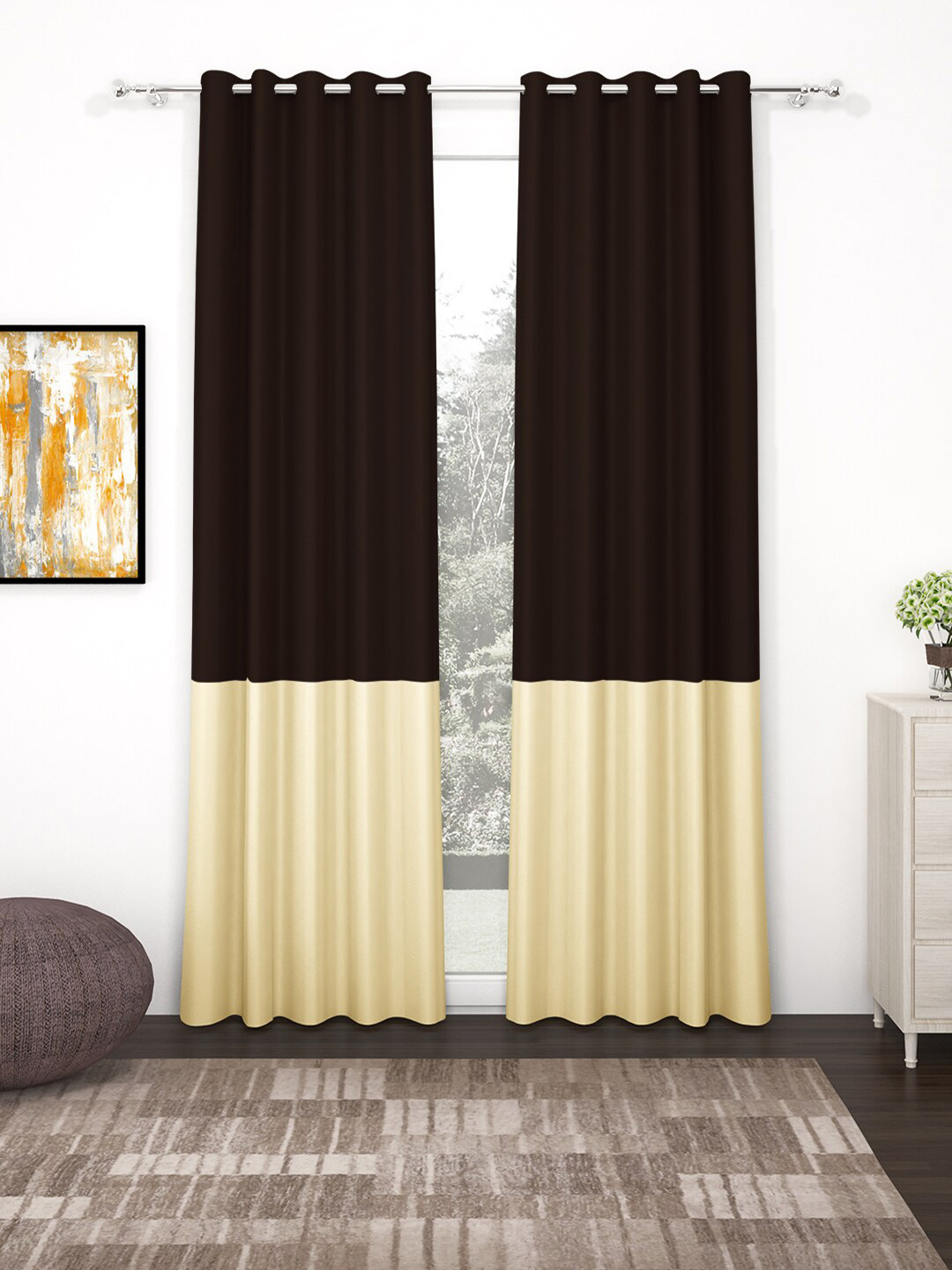 Story@home Pack Of 2 Brown & Beige Colourblocked Door Curtains
