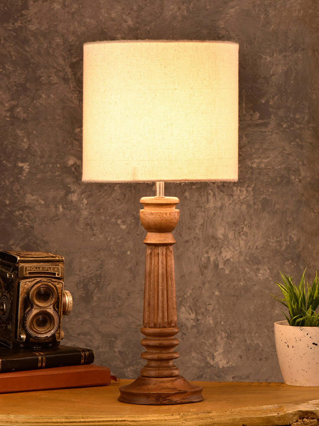 green girgit Brown Solid Table Lamp With Cotton Shade