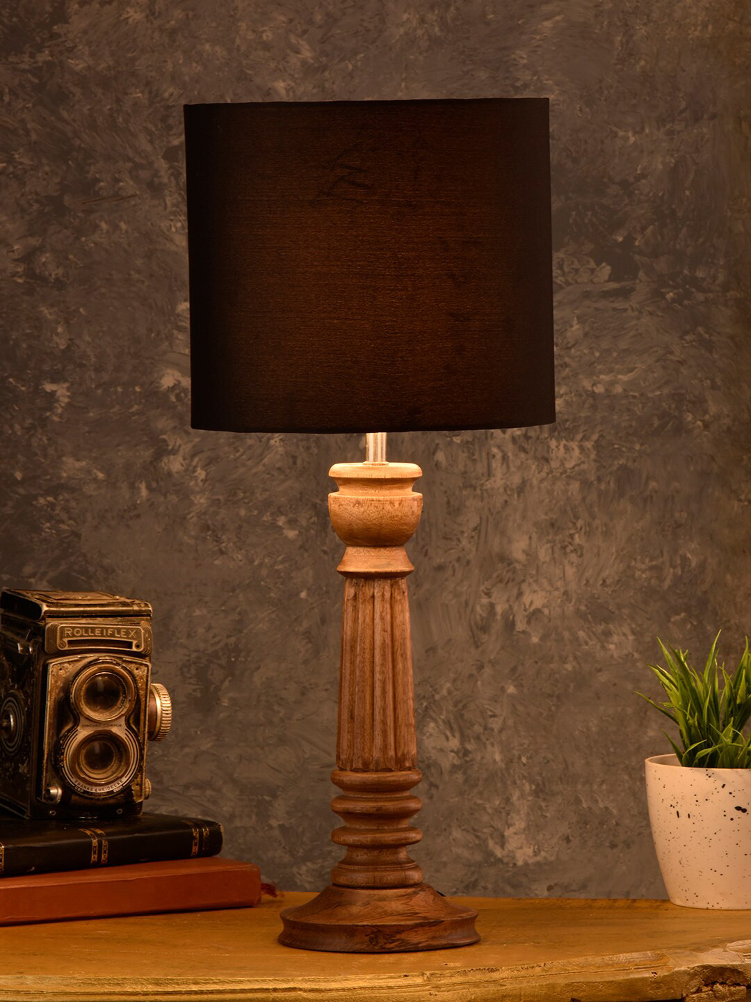 green girgit Pillar Brown Lamp with Black Cotton Shade