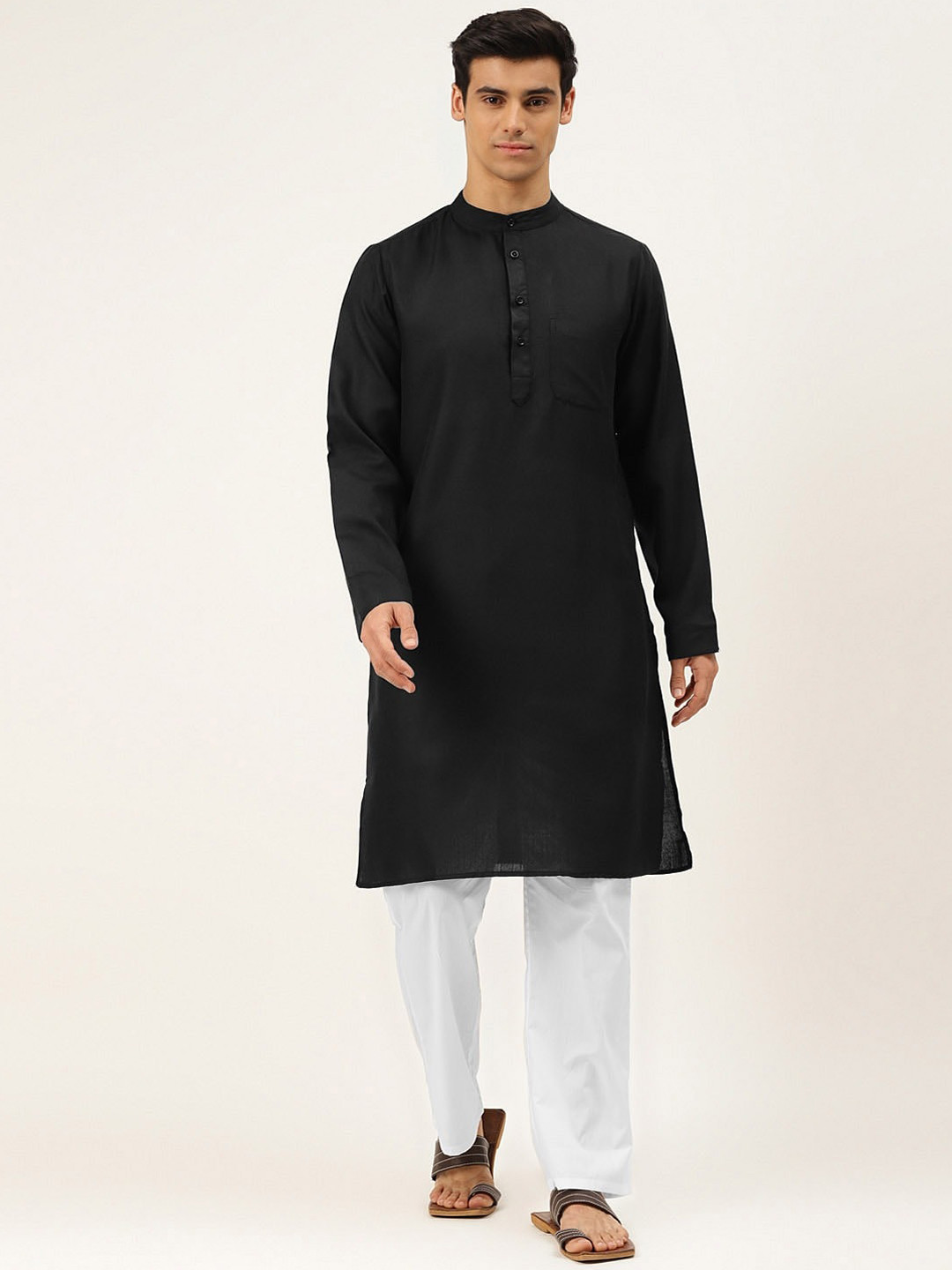 Molly & Michel Men Black & White Regular Pure Cotton Kurta with Pyjamas