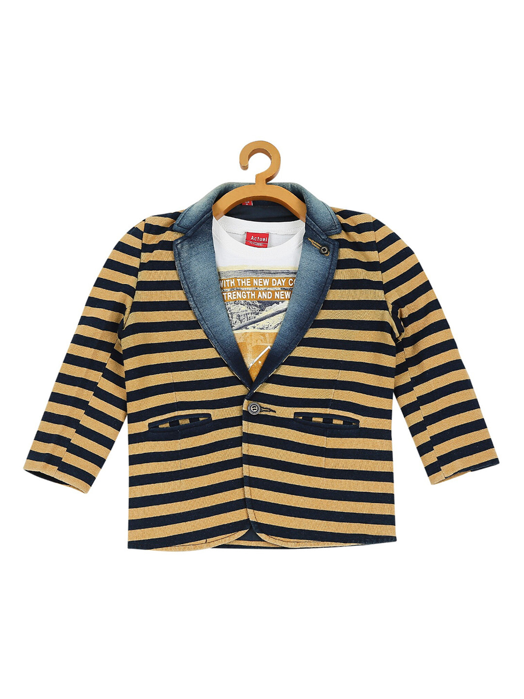 Actuel Boys Mustard Yellow Cotton Striped Blazer with T-shirt