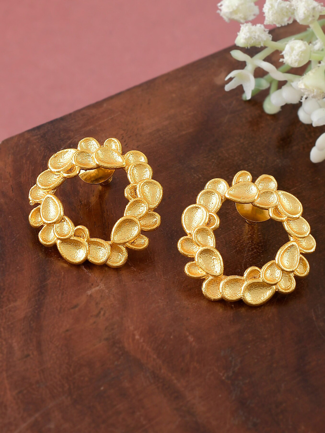 Silvermerc Designs Gold-Toned Floral Circular Studs Earrings
