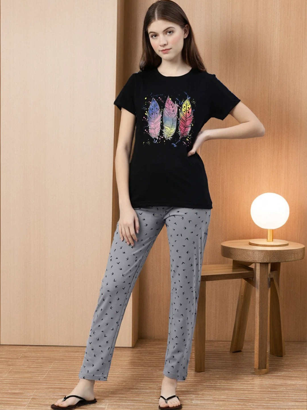 Kryptic Women Black & Grey Printed Pure Cotton Night suit