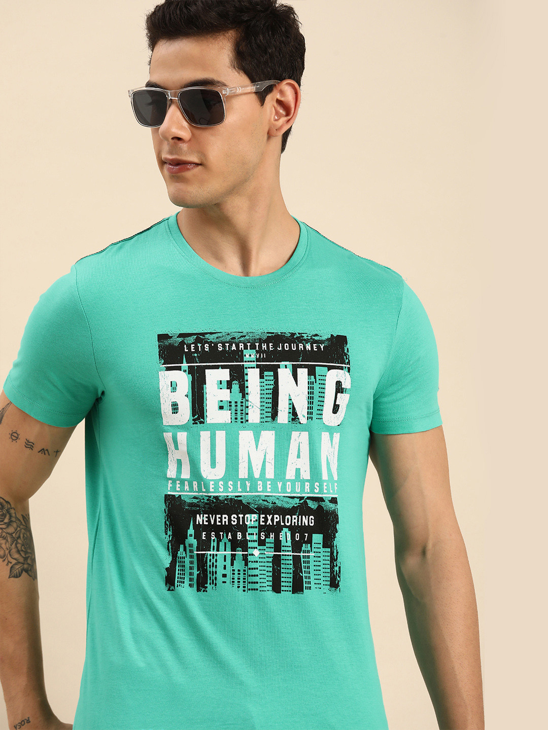 Being Human Men Sea Green Graphic Printed Pure Cotton Casual T-shirt