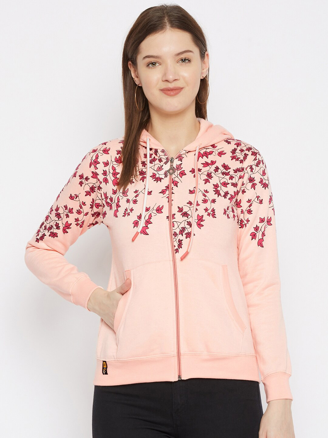 FirstKrush Women Peach-Coloured Printed Hooded Sweatshirt