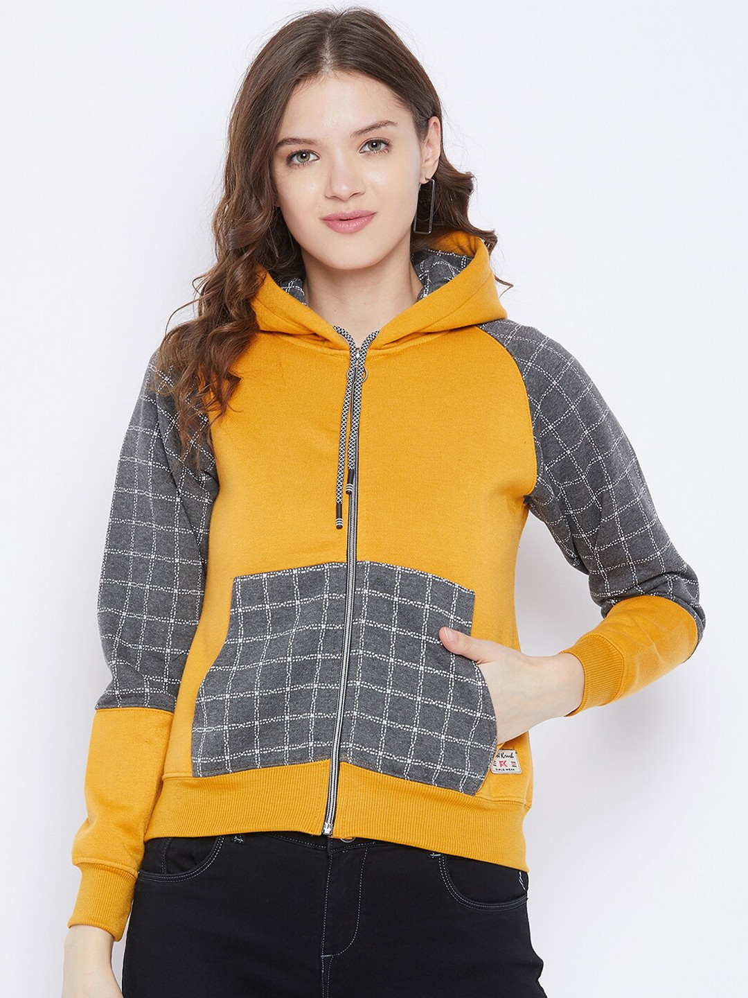 FirstKrush Women Mustard Yellow & Grey Checked Hooded Sweatshirt