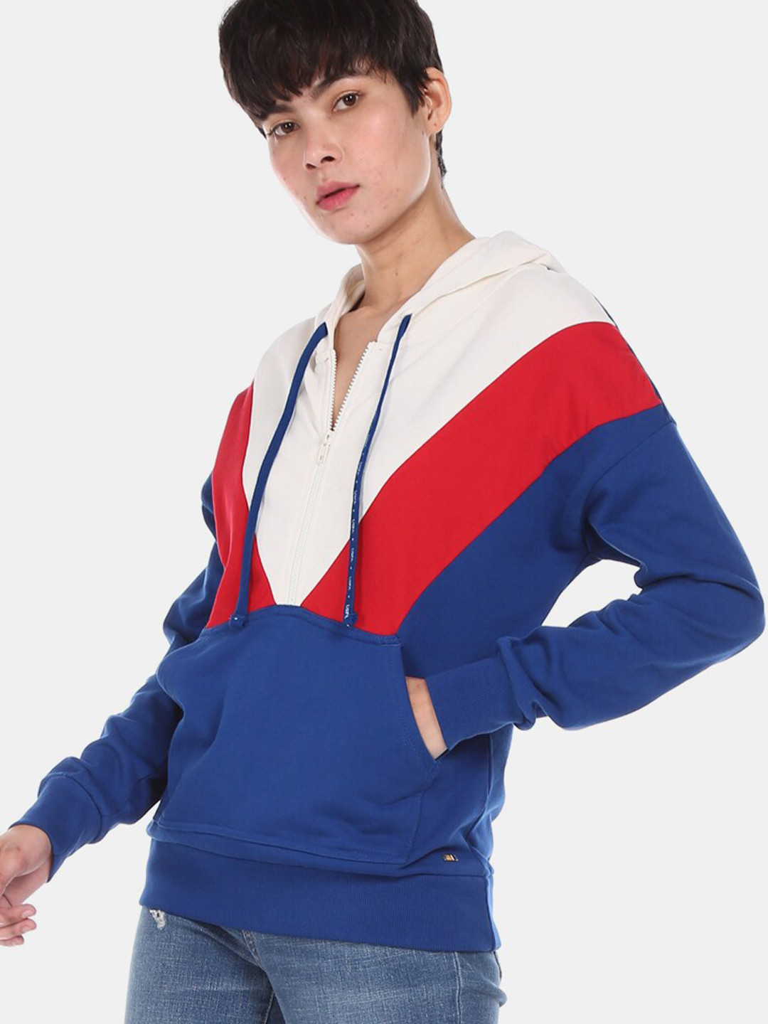 U S Polo Assn Women Blue & Red Colourblocked Sweatshirt