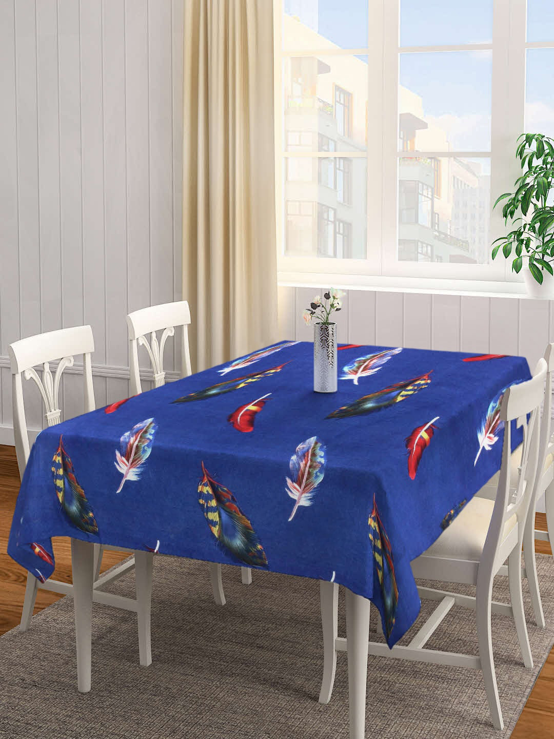 Arrabi Blue Leaf Printed 6 Seater Table Cover