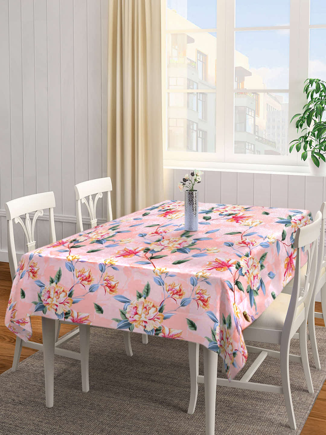 Arrabi Peach & Blue Floral Printed Cotton Blend 6 Seater Table Cover